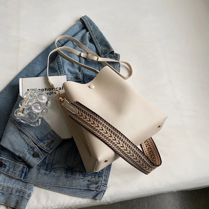 Large Casual Bucket Leather Shoulder Bag Wide Straps Messenger Bag