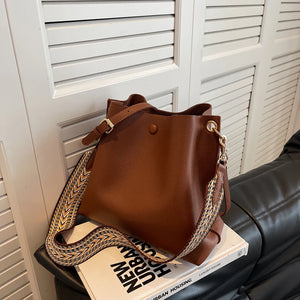 Large Casual Bucket Leather Shoulder Bag Wide Straps Messenger Bag