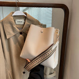 Large Casual Bucket Leather Shoulder Bag Wide Straps Messenger Bag