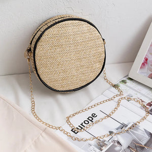 Summer Straw Woven Crossbody Bag Round Shoulder Chains Circle Beach Handbag
