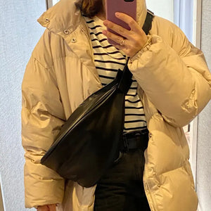 Solid Leather Shoulder Bag for Women Zipper Half-Moon Handbag