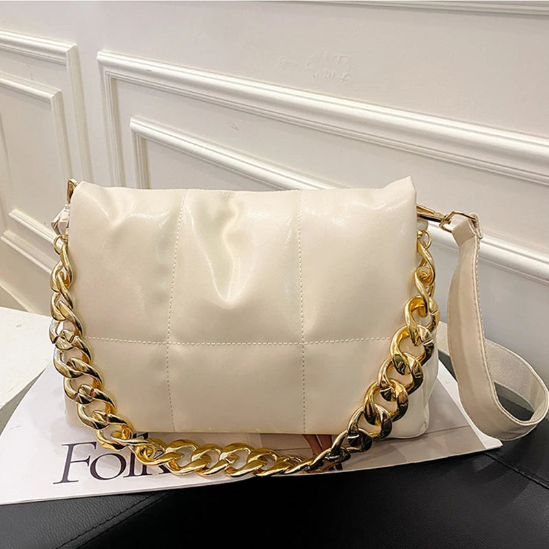 Soft Leather Messenger Bag Thick Chain High Space Padded Shoulder Bag
