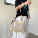 Women's Summer Top-handle Straw Handbag with Silk Ribbon