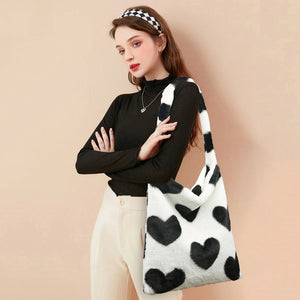 Vintage Love Print Tote Bag Crossbody Large Capacity Plush Women Shoulder Bag