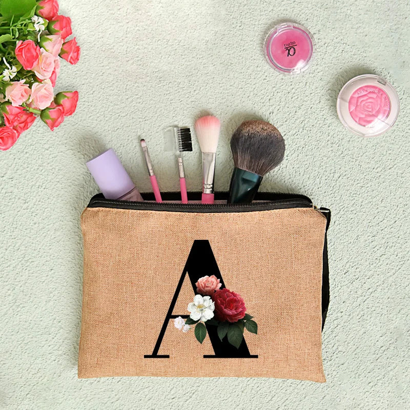 Linen Clutch Bag Letter Print Wristlet Travel Cosmetic Case Makeup Bag