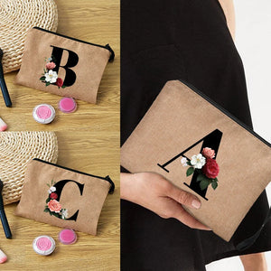 Linen Clutch Bag Letter Print Wristlet Travel Cosmetic Case Makeup Bag