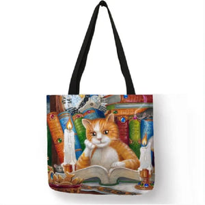 Cartoon Cat Tote Bag Waterproof Canvas Shopping Handbag