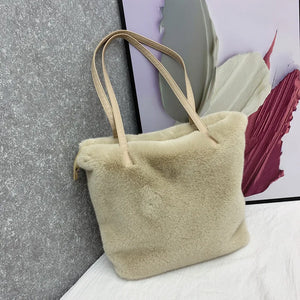 Large Capacity Ladies Handbag Warm Tote Bag Purse Soft Plush Shoulder Bag