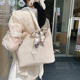 Large Straw Woven Shoulder Bag with Silk Scarf for Women