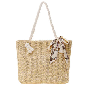 Large Straw Woven Shoulder Bag with Silk Scarf for Women