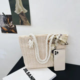 Large Straw Woven Shoulder Bag with Silk Scarf for Women