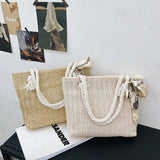 Large Straw Woven Shoulder Bag with Silk Scarf for Women