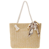 Large Straw Woven Shoulder Bag with Silk Scarf for Women