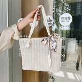 Large Straw Woven Shoulder Bag with Silk Scarf for Women