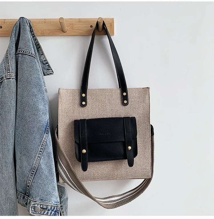 Ladies Shoulder Bag Wide Strap Handbag Casual Linen Large Capacity Tote