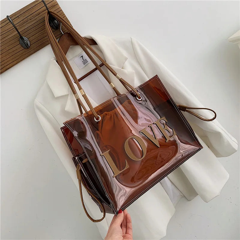 Clear Jelly Shoulder Bag with Letter Printing, Large Capacity