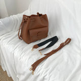 Wide Shoulder Strap Bucket Bag Retro PU Leather Handbag Wallet