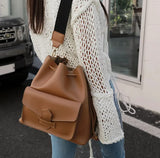 Wide Shoulder Strap Bucket Bag Retro PU Leather Handbag Wallet