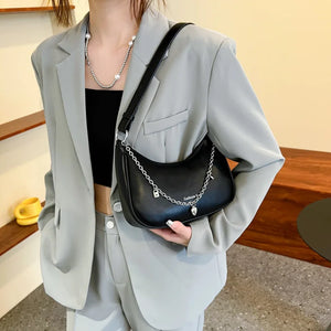 Lady Shoulder Bag Solid PU Leather Handbag Chains Tote