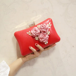 Diamonds Sequined Leaf Clutch Evening Bag with Chain Shoulder Flower Hand