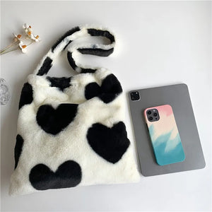 Winter Heart Print Faux Fur Shoulder Bag Soft Fluffy Tote Underarm Purse