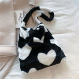Winter Heart Print Faux Fur Shoulder Bag Soft Fluffy Tote Underarm Purse