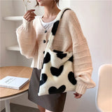 Winter Heart Print Faux Fur Shoulder Bag Soft Fluffy Tote Underarm Purse