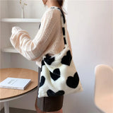 Winter Heart Print Faux Fur Shoulder Bag Soft Fluffy Tote Underarm Purse