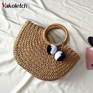 Moon Shaped Summer Handmade Bag with Pompon Beach Weaving