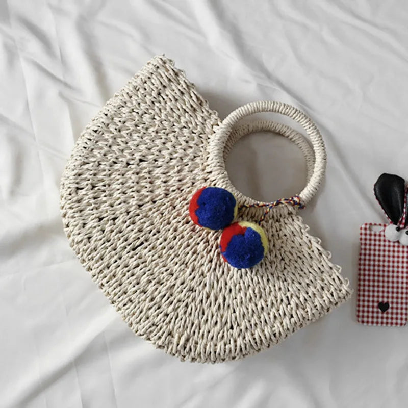 Moon Shaped Summer Handmade Bag with Pompon Beach Weaving