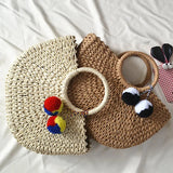 Moon Shaped Summer Handmade Bag with Pompon Beach Weaving