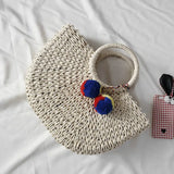 Moon Shaped Summer Handmade Bag with Pompon Beach Weaving