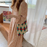 Women Knitting Rhombic Lattice Tote Bag Crochet Woolen Handbag