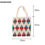 Women Knitting Rhombic Lattice Tote Bag Crochet Woolen Handbag