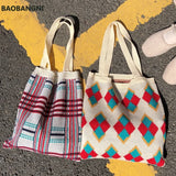 Women Knitting Rhombic Lattice Tote Bag Crochet Woolen Handbag