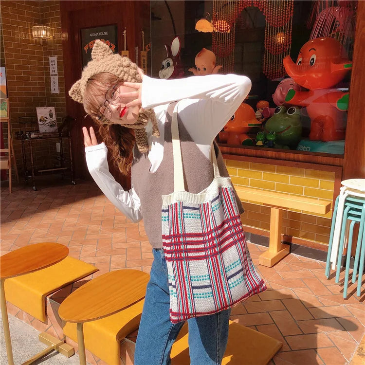 Women Knitting Rhombic Lattice Tote Bag Crochet Woolen Handbag