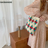 Women Knitting Rhombic Lattice Tote Bag Crochet Woolen Handbag