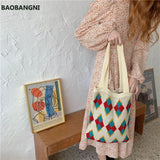 Women Knitting Rhombic Lattice Tote Bag Crochet Woolen Handbag