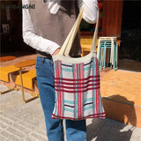 Women Knitting Rhombic Lattice Tote Bag Crochet Woolen Handbag