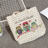 Owl Print Large Reusable Shopping Bags Thick Rope Linen Beach Handbags