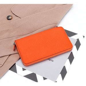 Women's Cow Leather Long Wallet Zipper Bag Ultra-thin Purse for Mobile Phone