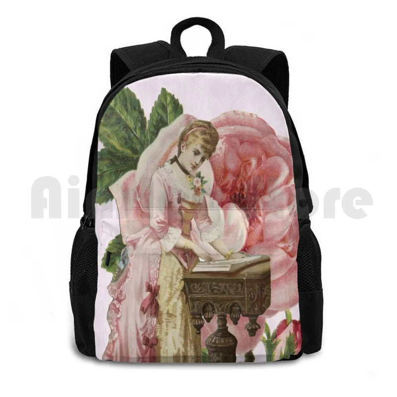 Pink Rose Vintage Lady Hiking Backpack Waterproof