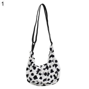 Women Cow Pattern Shoulder Bag Plush Crossbody Handbag