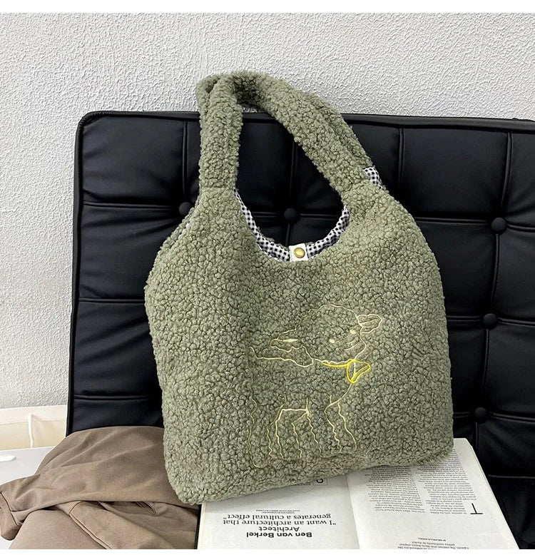 Lamb Fabric Women's Shoulder Bags Large Capacity Embroidery Handbag