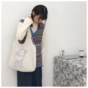 Embroidered Lamb Fabric Shoulder Bag Large Capacity