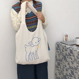 Embroidered Lamb Fabric Shoulder Bag Large Capacity