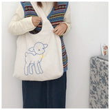 Embroidered Lamb Fabric Shoulder Bag Large Capacity