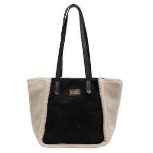 Lamb Wool Plush Tote Bag Faux Fur Suede Shoulder Contrast Shopping