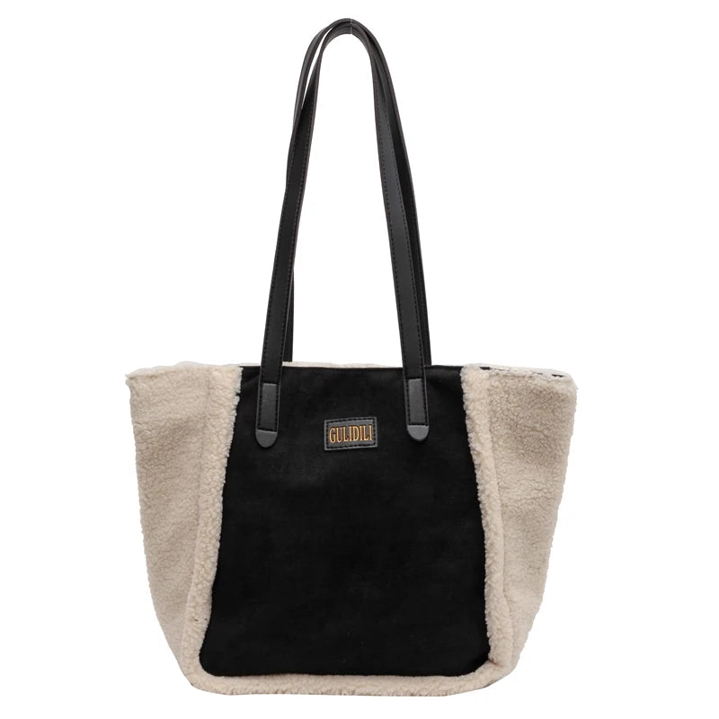 Lamb Wool Plush Tote Bag Faux Fur Suede Shoulder Contrast Shopping