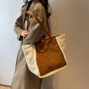 Lamb Wool Plush Tote Bag Faux Fur Suede Shoulder Contrast Shopping